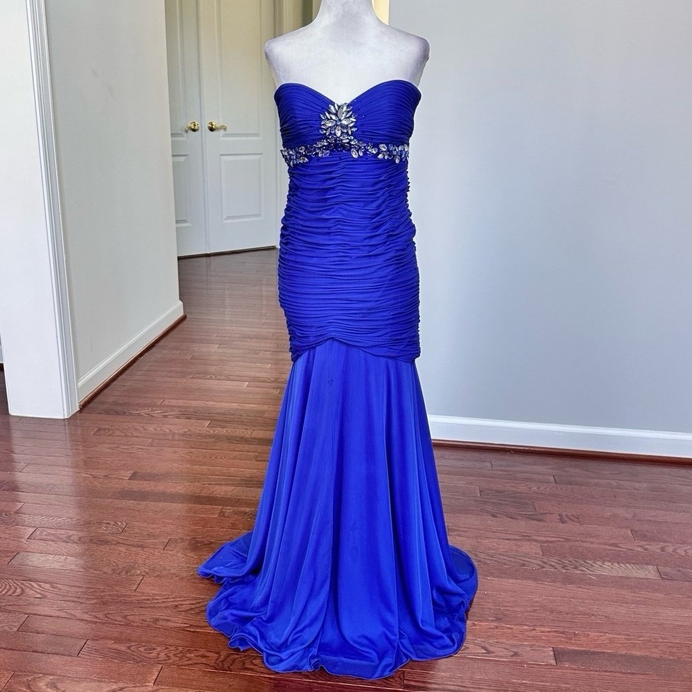 ONYX NITE Royal Blue Strapless Ruched Bodycon Beaded Embellished Gown Dress